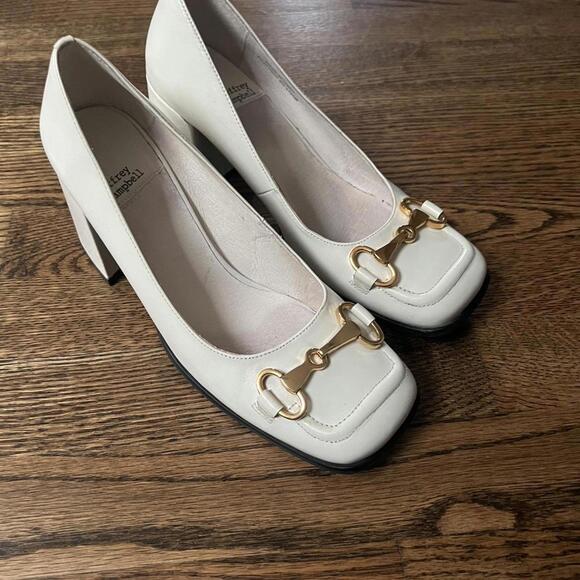 White gold leather Jeffrey Campbell moccasin block heel pumps retro glamour - Picture 1 of 8